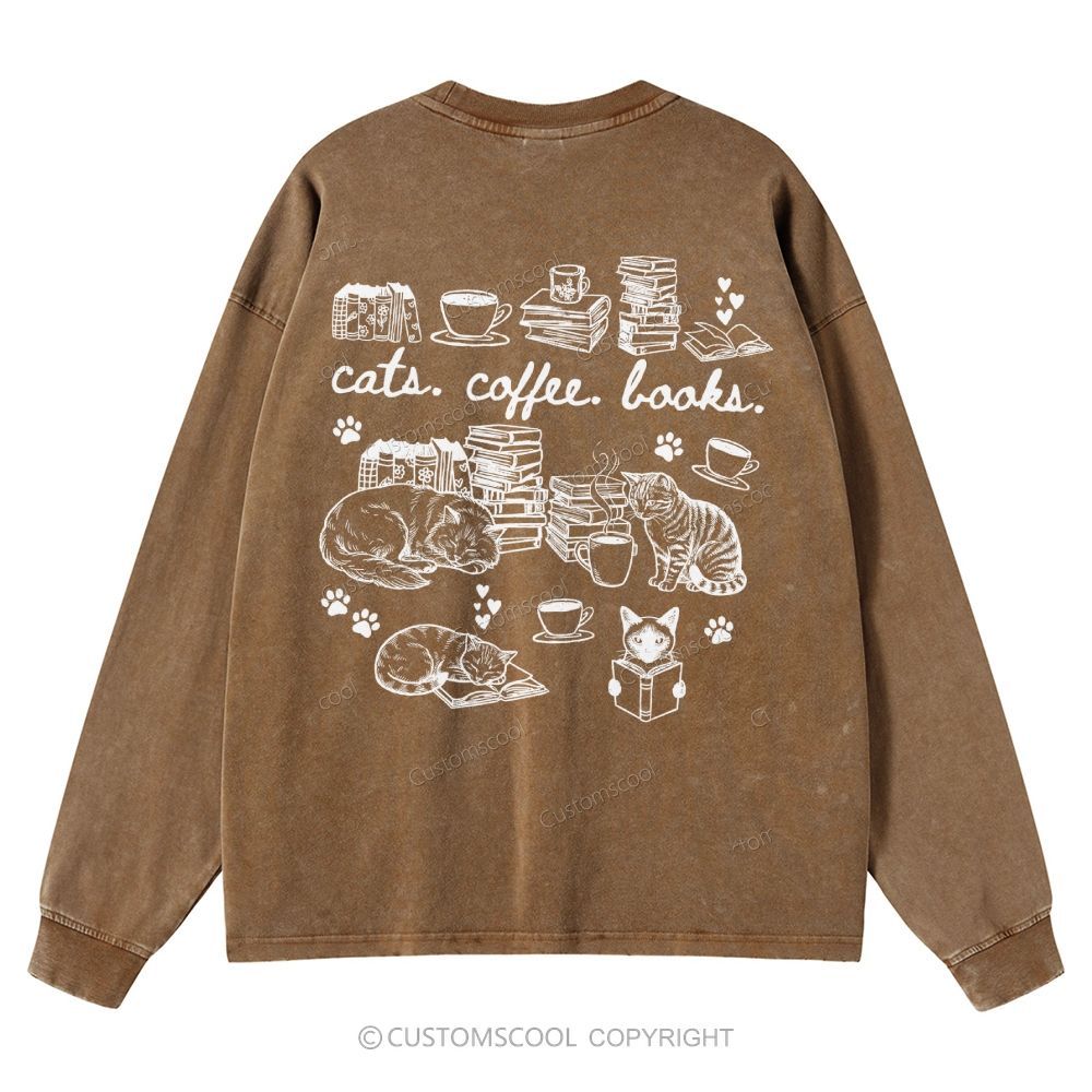 Cats Coffee Books Unisex Casual Washed Long-Sleeved T-Shirt