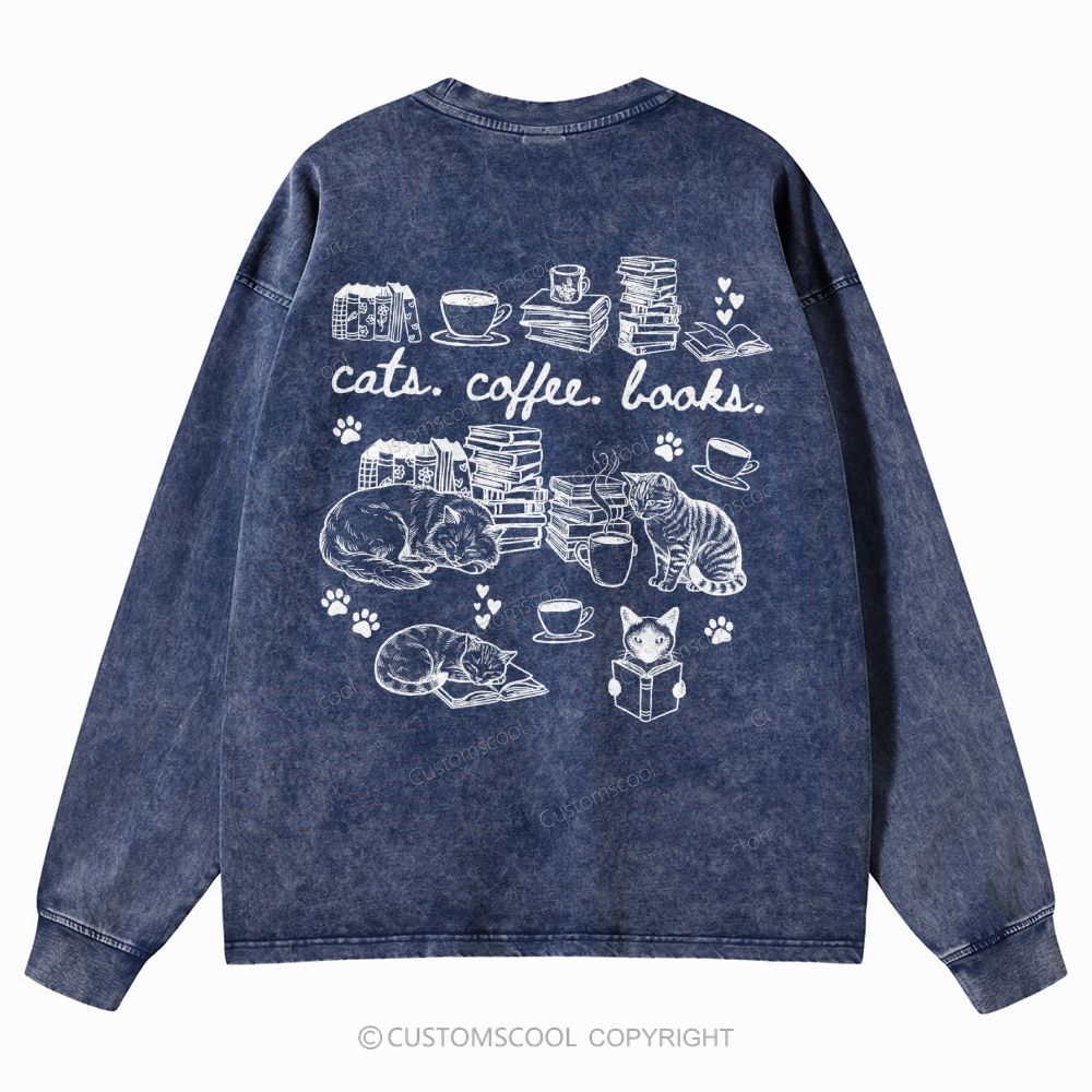Cats Coffee Books Unisex Casual Washed Long-Sleeved T-Shirt