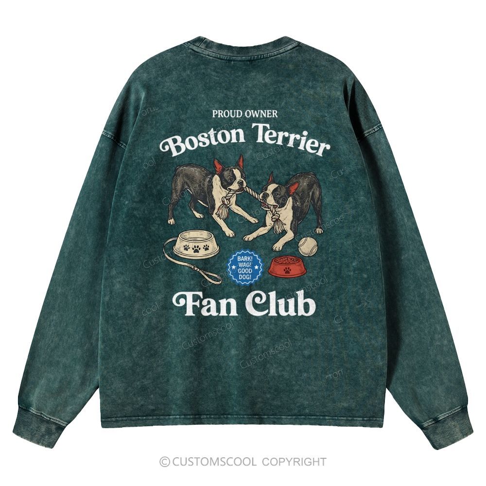 Boston Terrier Fan Club Dog Lover Unisex Casual Washed Long-Sleeved T-Shirt