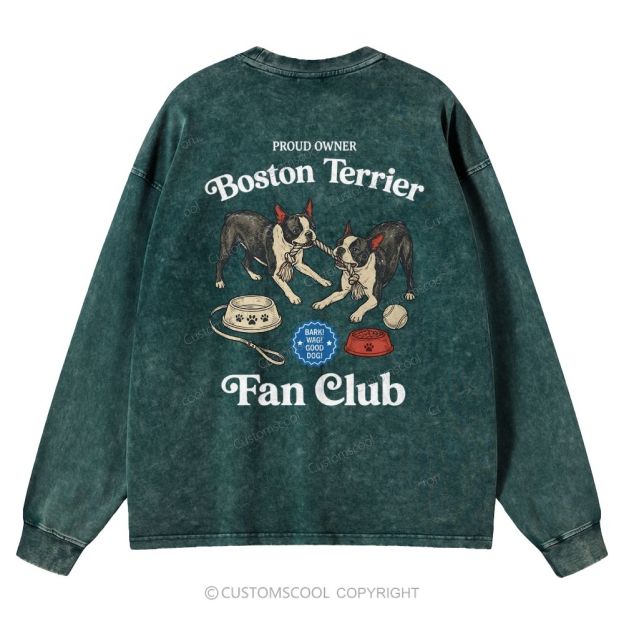 Boston Terrier Fan Club Dog Lover Unisex Casual Washed Long-Sleeved T-Shirt