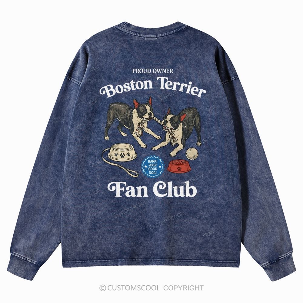 Boston Terrier Fan Club Dog Lover Unisex Casual Washed Long-Sleeved T-Shirt