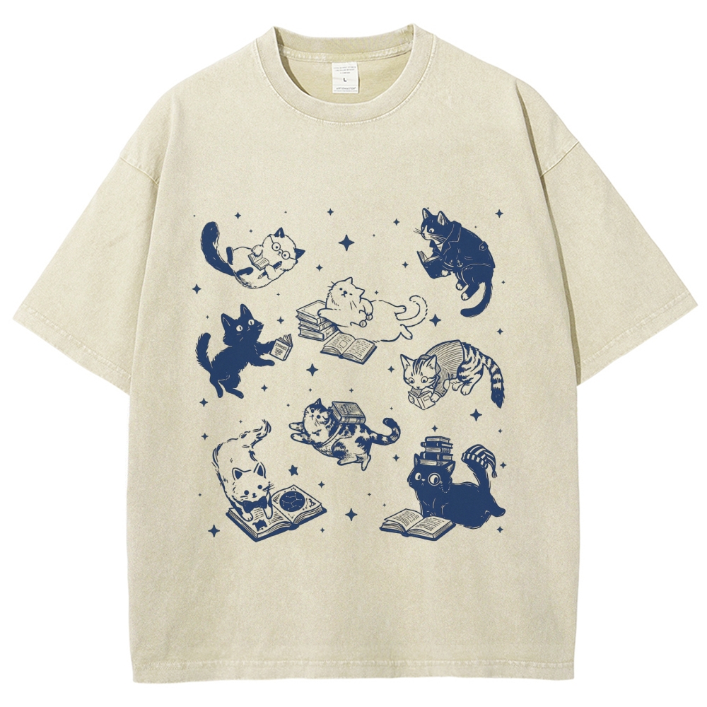 Cute Cat Book Lover Washed T-Shirt