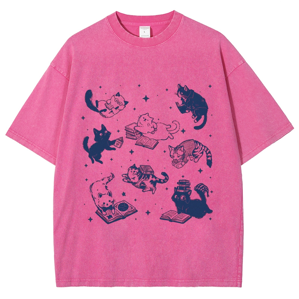 Cute Cat Book Lover Washed T-Shirt