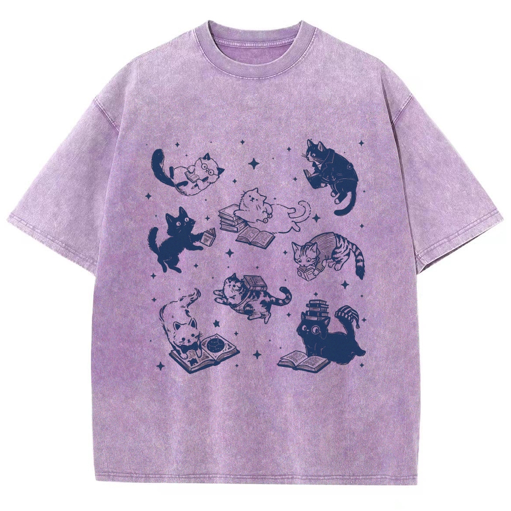 Cute Cat Book Lover Washed T-Shirt