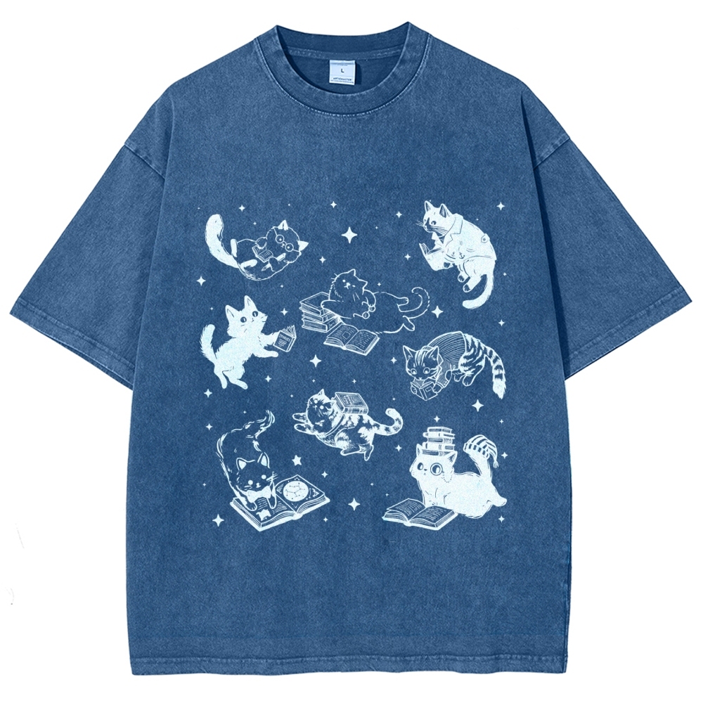 Cute Cat Book Lover Washed T-Shirt