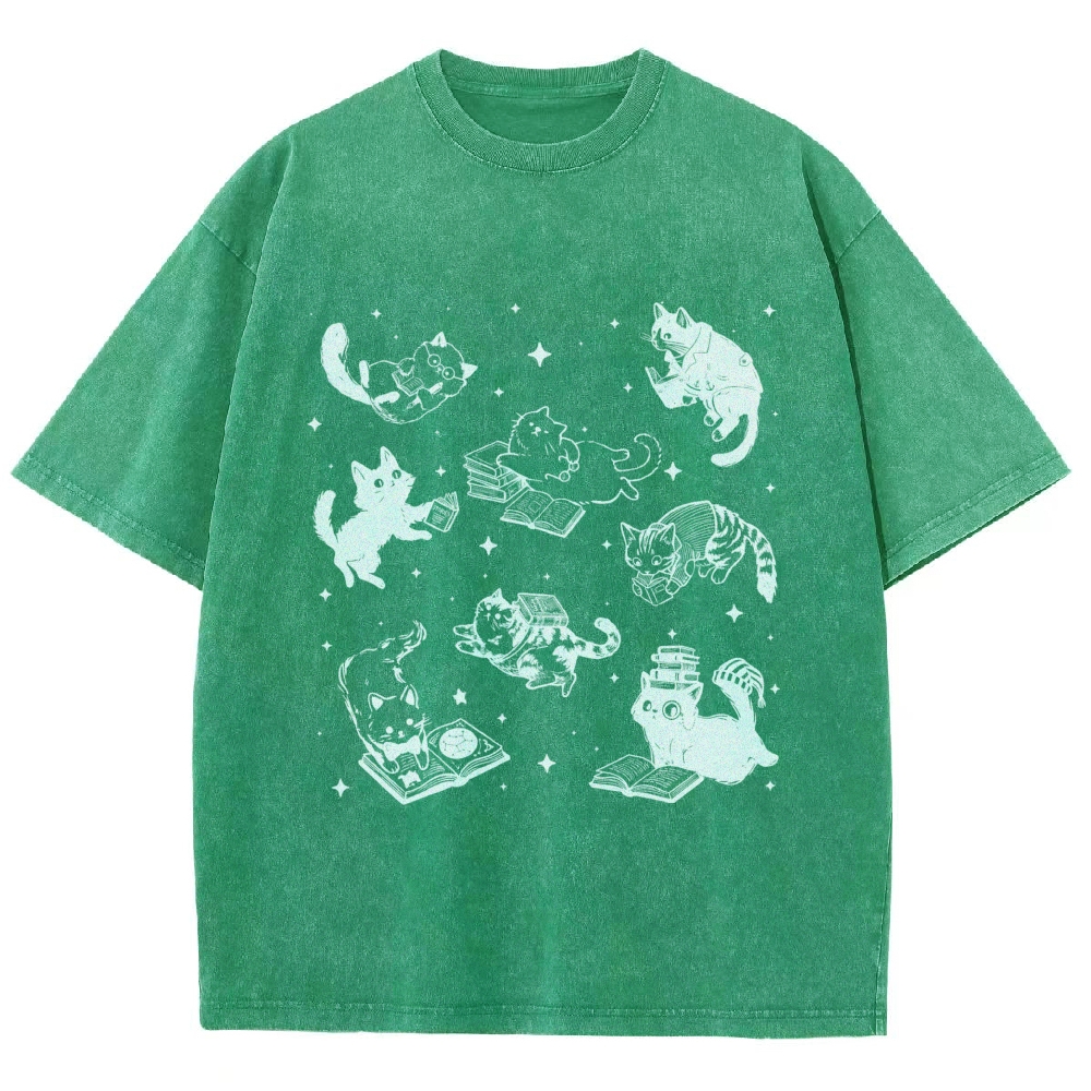 Cute Cat Book Lover Washed T-Shirt