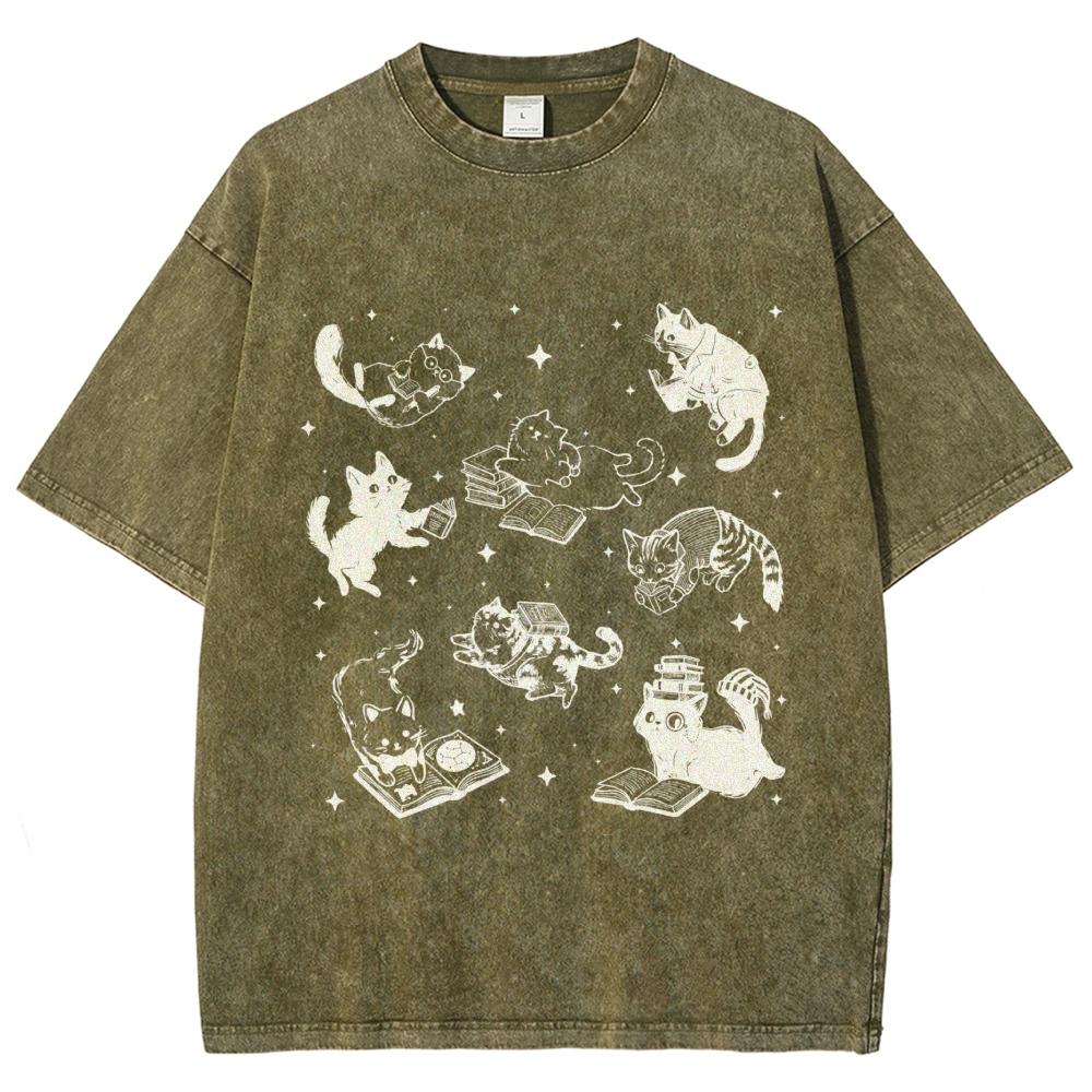 Cute Cat Book Lover Washed T-Shirt