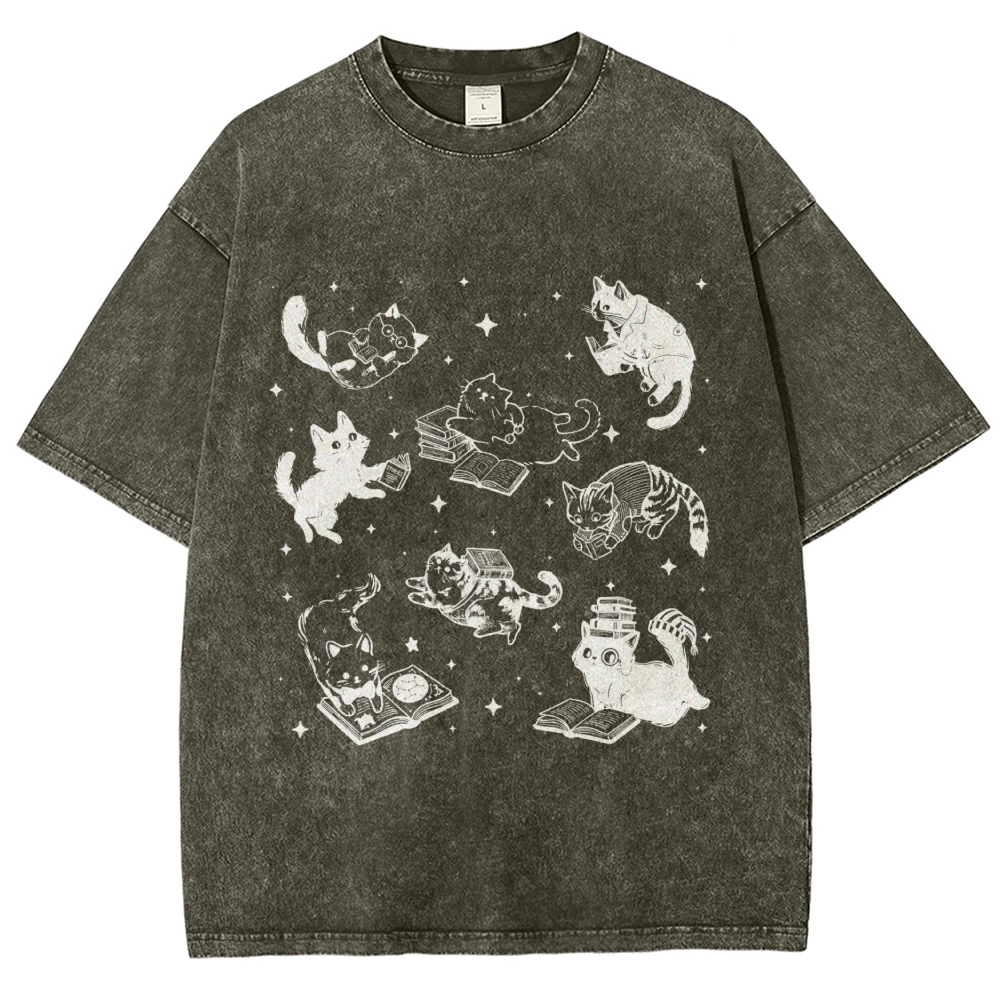 Cute Cat Book Lover Washed T-Shirt