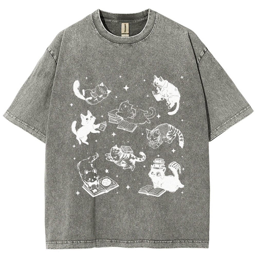 Cute Cat Book Lover Washed T-Shirt