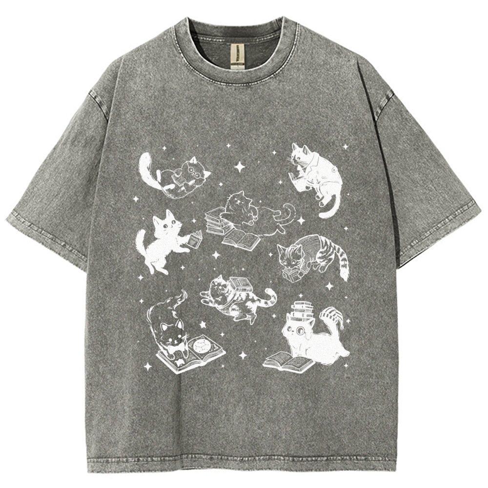 Cute Cat Book Lover Washed T-Shirt