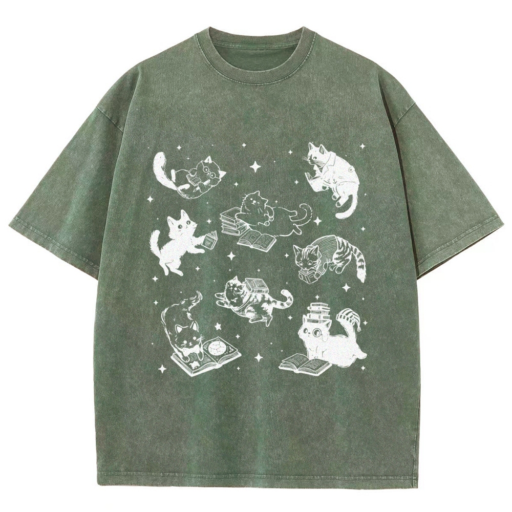 Cute Cat Book Lover Washed T-Shirt