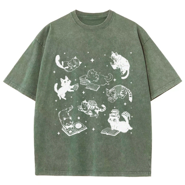 Cute Cat Book Lover Washed T-Shirt