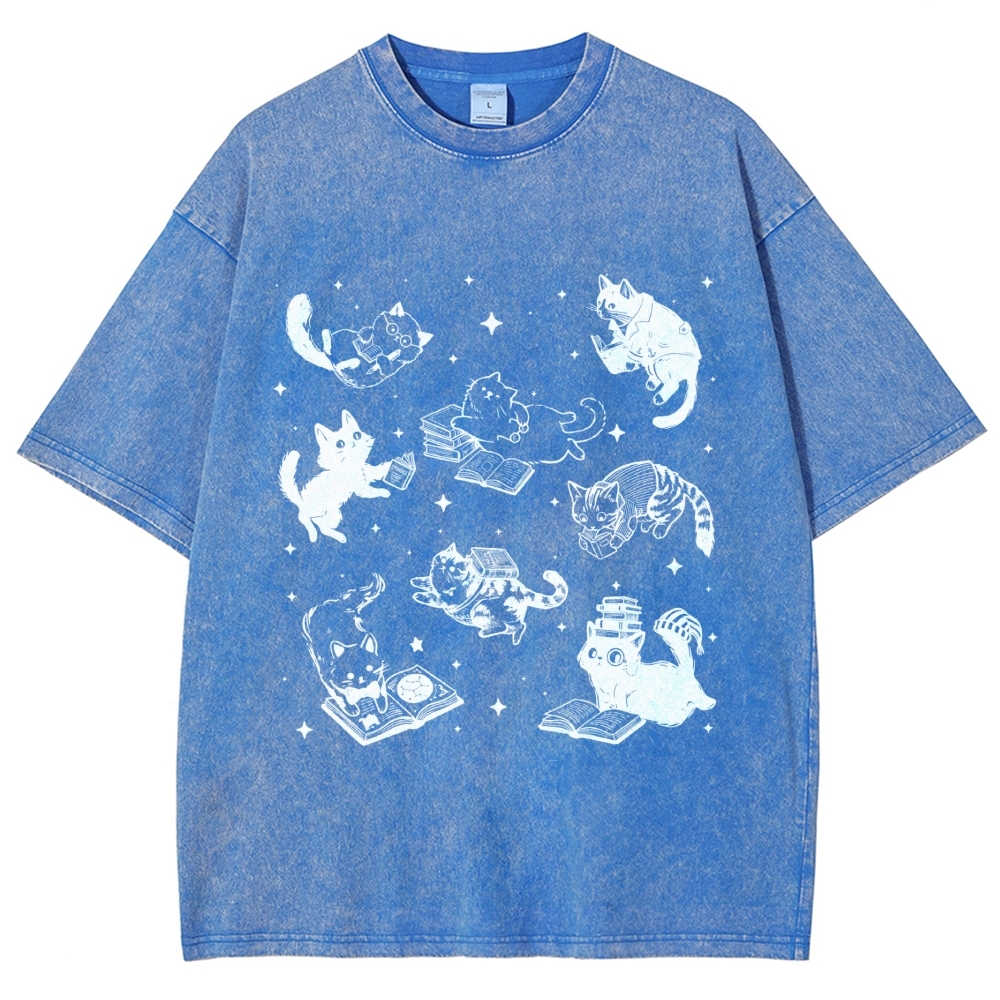 Cute Cat Book Lover Washed T-Shirt