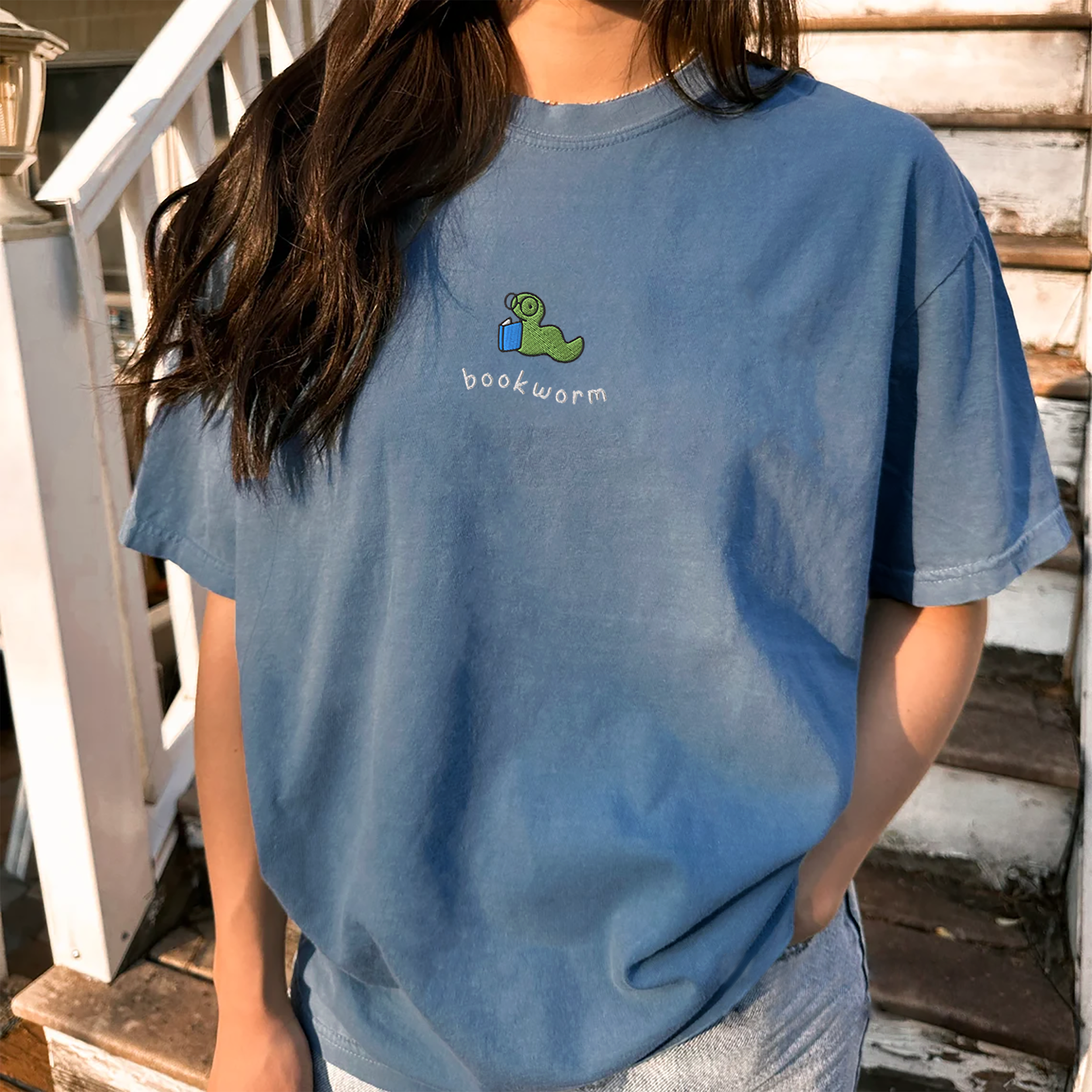 Bookworm Embroidered Unisex Fit Washed T-Shirt
