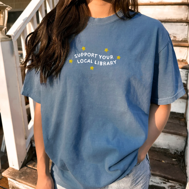 Support Your Local Library Embroidered Unisex Fit Washed T-Shirt