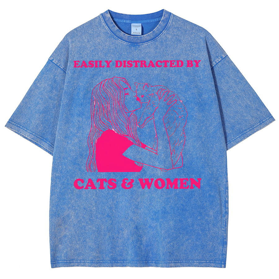 Easily Distracted By Cats & Women Unisex Fit Washed Oversized T-Shirt