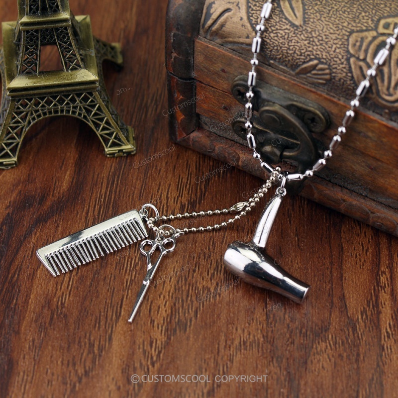 Hair Dryer Scissors Comb Pendant Hair Stylist Necklace Customscool