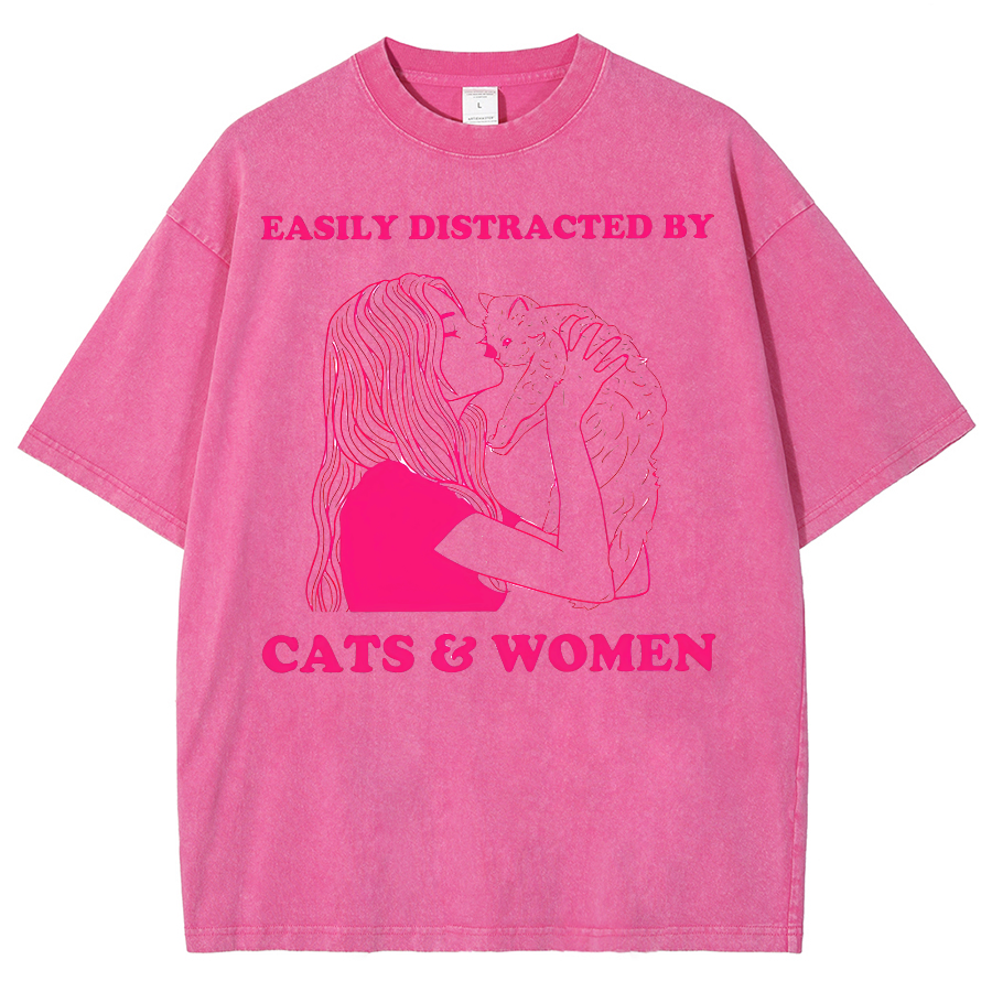 Easily Distracted By Cats & Women Unisex Fit Washed Oversized T-Shirt