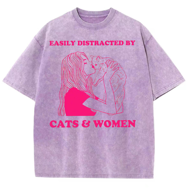 Easily Distracted By Cats & Women Unisex Fit Washed Oversized T-Shirt