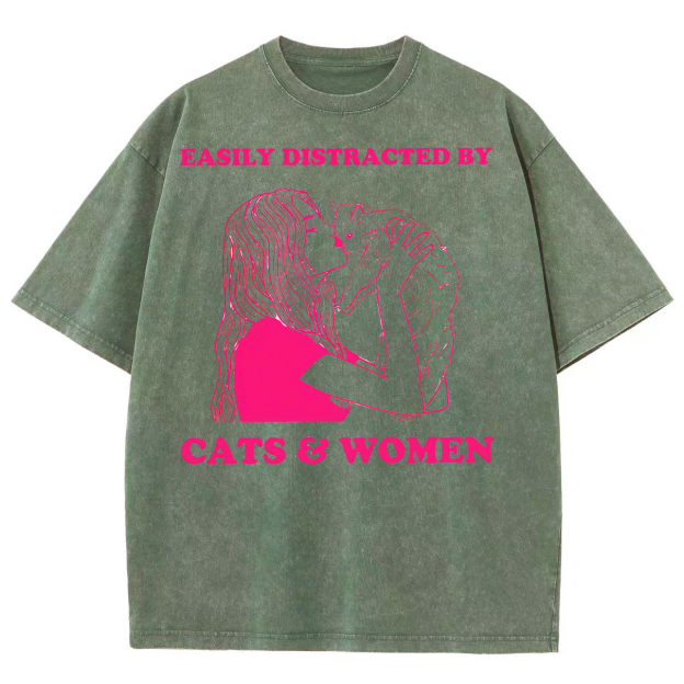 Easily Distracted By Cats & Women Unisex Fit Washed Oversized T-Shirt
