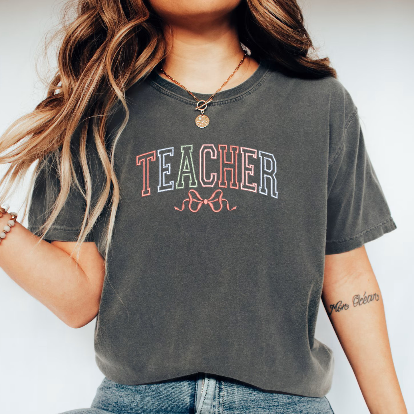 Teacher Embroidered Unisex Fit Washed T-Shirt