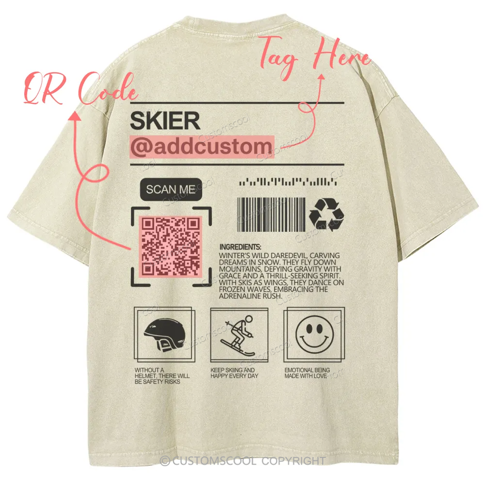 Skier Addcustom QR Code Name Unisex Fit Washed T-Shirt Customscool
