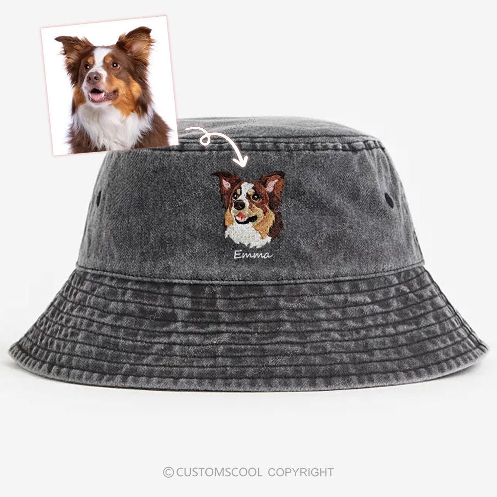 Addcustom Embroidery Dog Face and Name Washed Bucket Hat