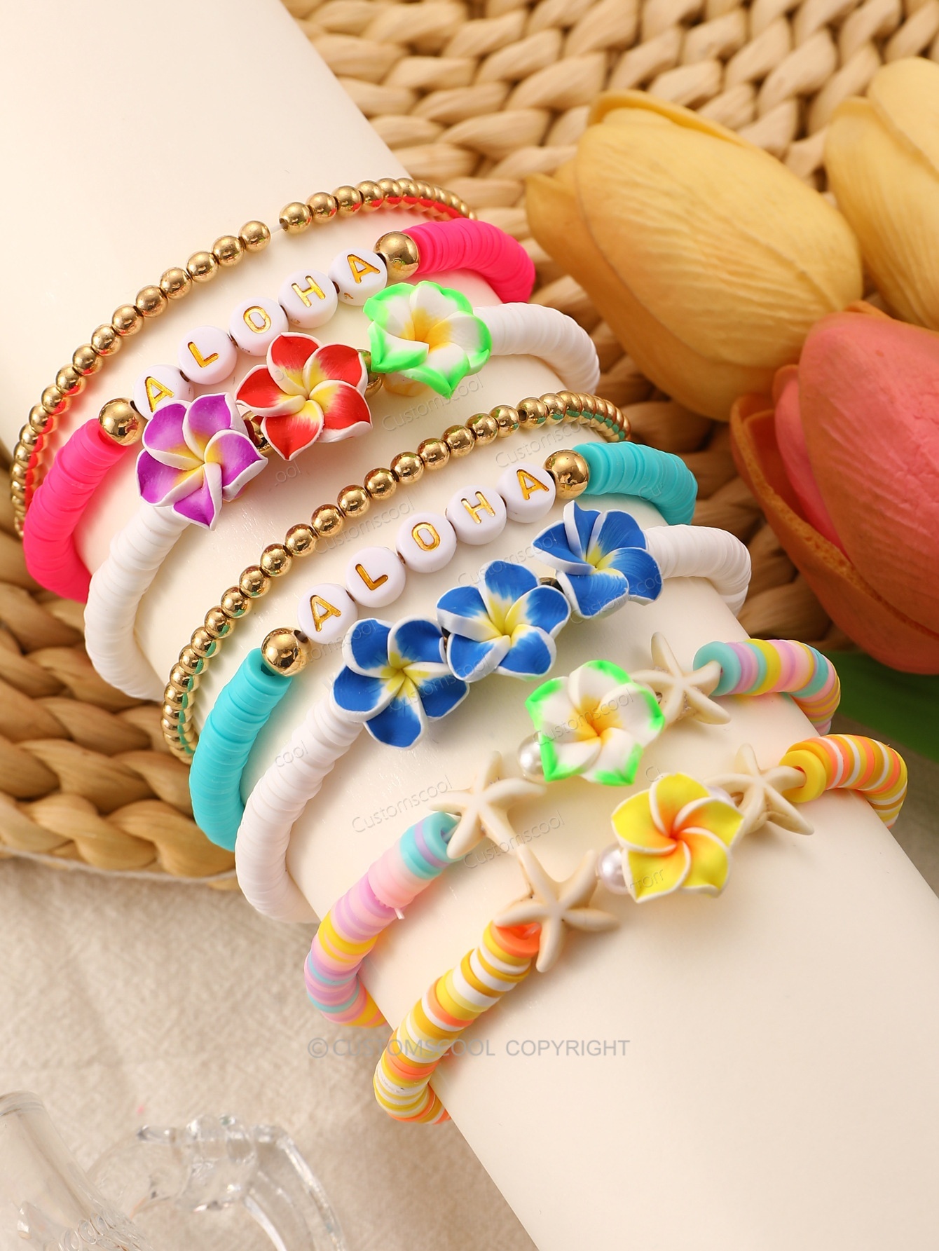 Plumeria Starfish Flowers Alphabet Multi-Layer Stackable Bracelet
