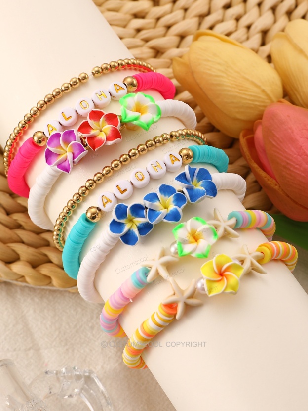 Plumeria Starfish Flowers Alphabet Multi-Layer Stackable Bracelet