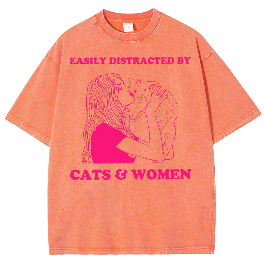 Easily Distracted By Cats & Women Unisex Fit Washed Oversized T-Shirt