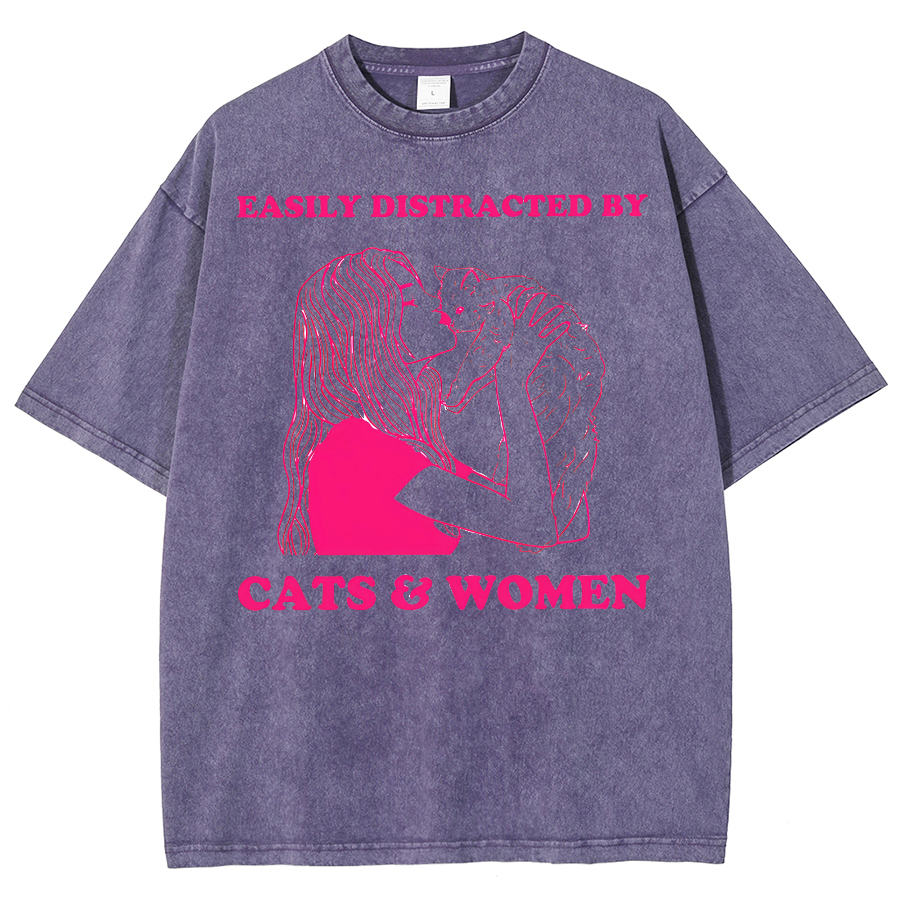 Easily Distracted By Cats & Women Unisex Fit Washed Oversized T-Shirt