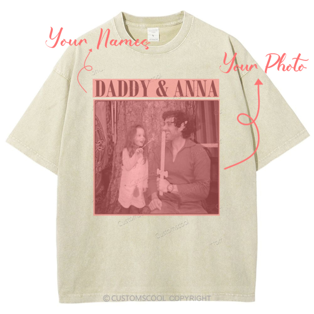 Addcustom Two Names And One Photo Unisex Fit Washed T-Shirt Customscool