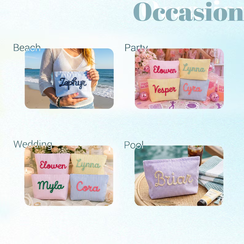 Custom Seersucker Makeup Bag Vacation Travel Pouch Personalized Chenille Name Toiletry Bag