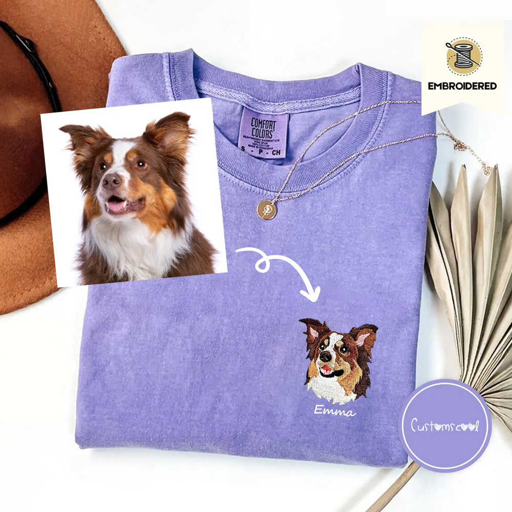 Addcustom Dog Face Name Embroidered Unisex Fit Washed T-Shirt