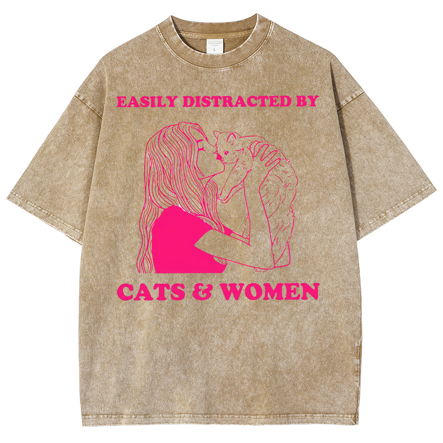 Easily Distracted By Cats & Women Unisex Fit Washed Oversized T-Shirt
