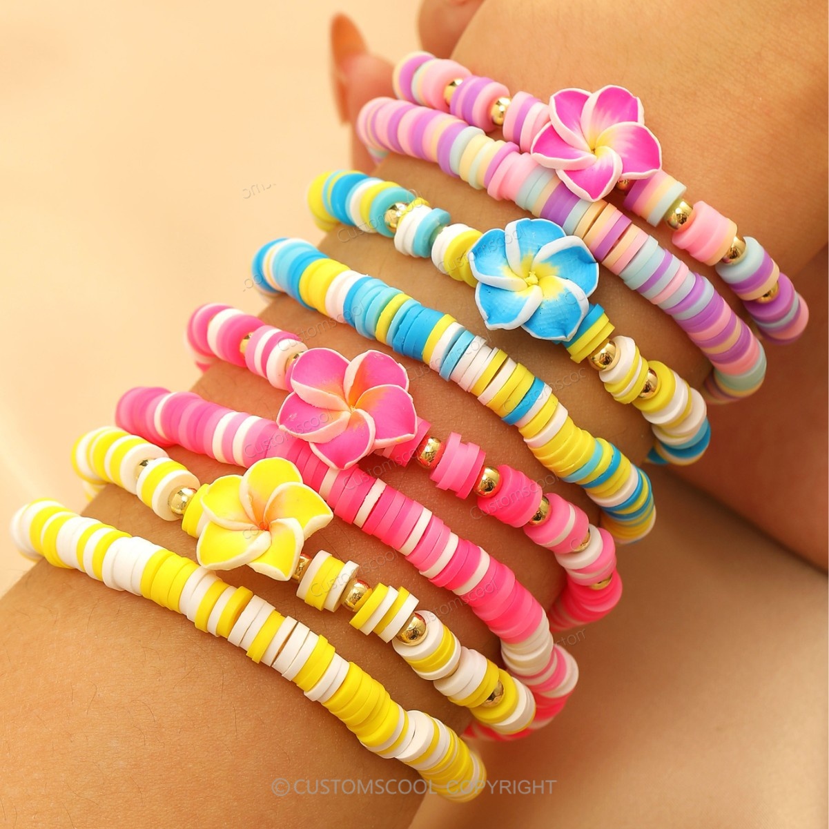 Plumeria Starfish Flowers Alphabet Multi-Layer Stackable Bracelet