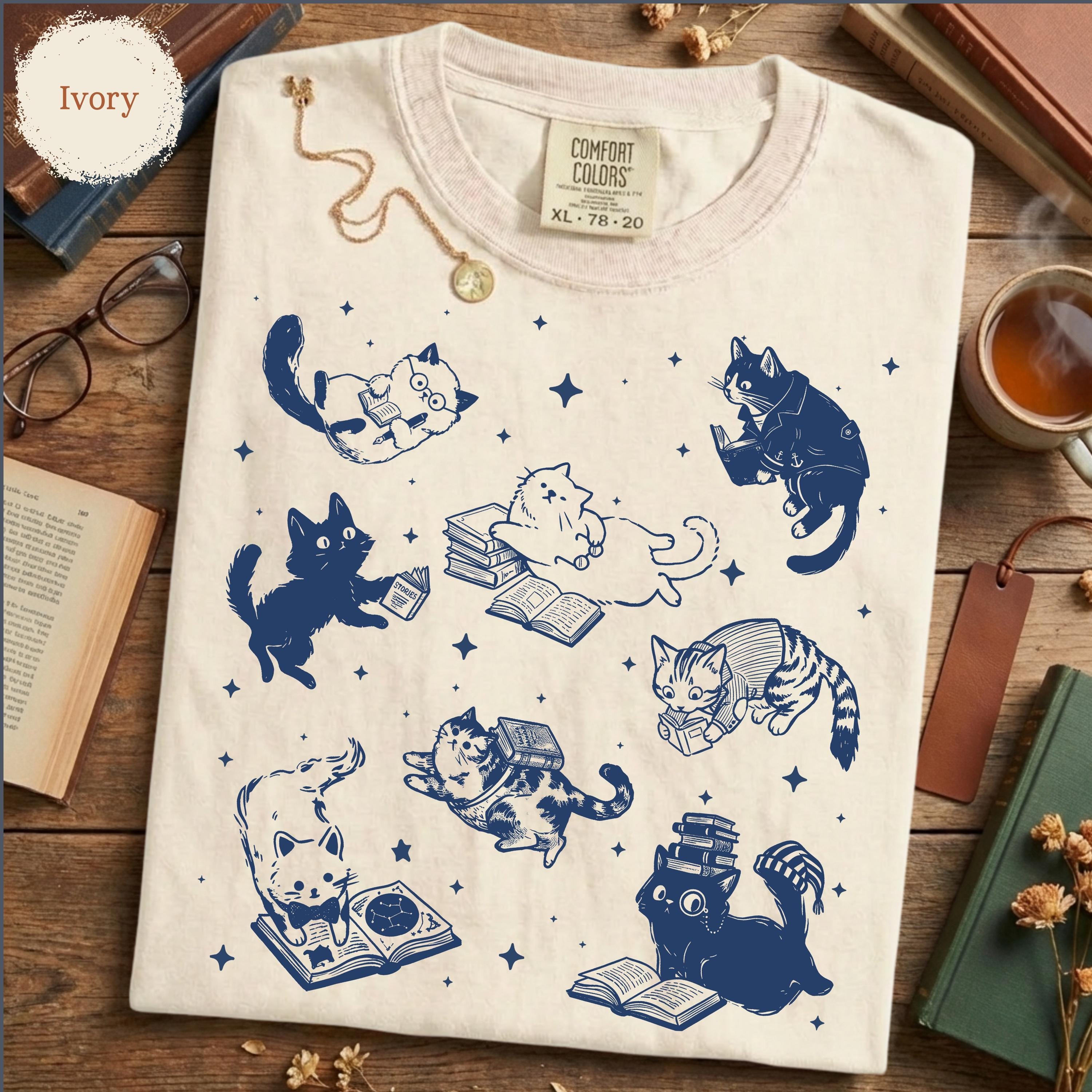 Cute Cat Book Lover Washed T-Shirt