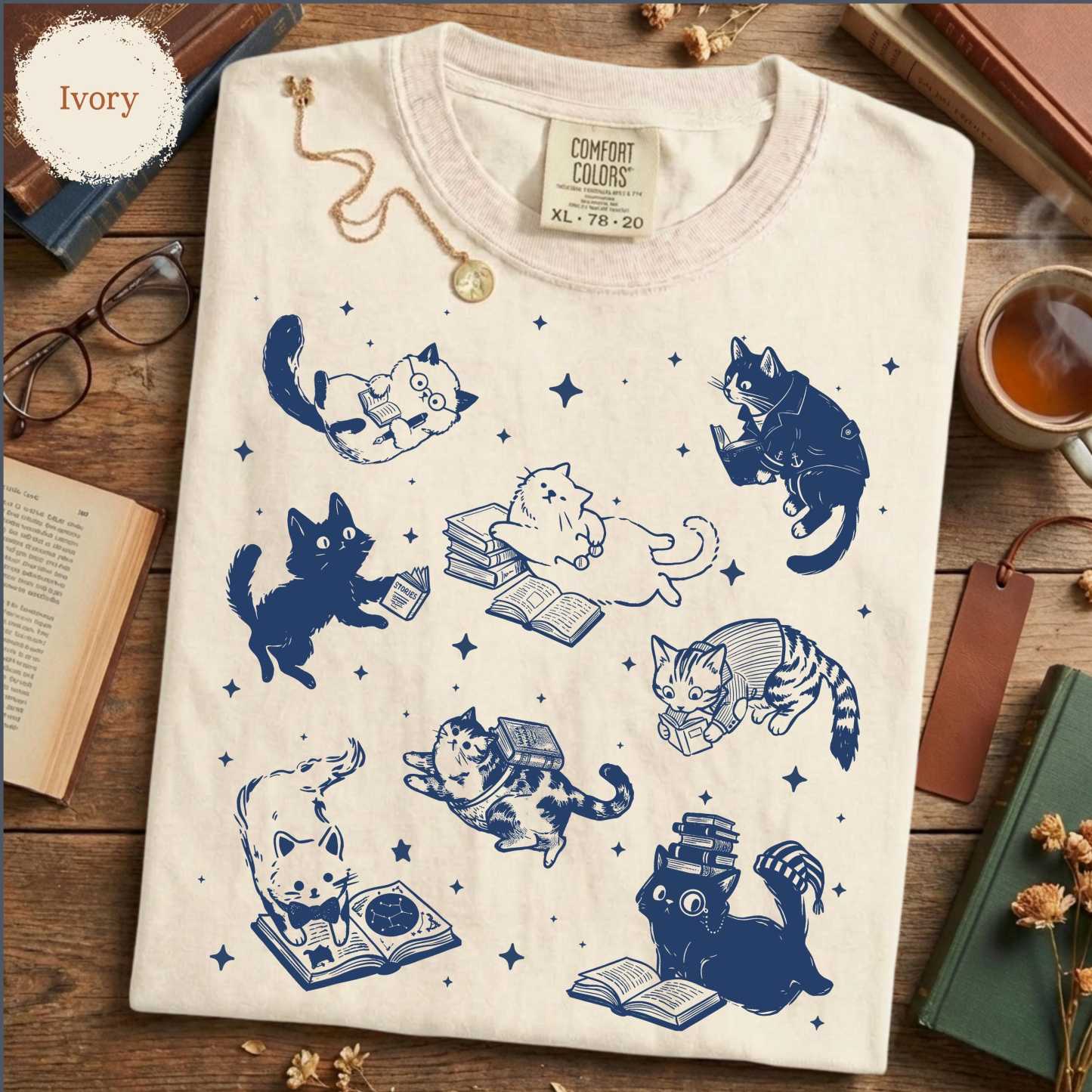 Cute Cat Book Lover Washed T-Shirt