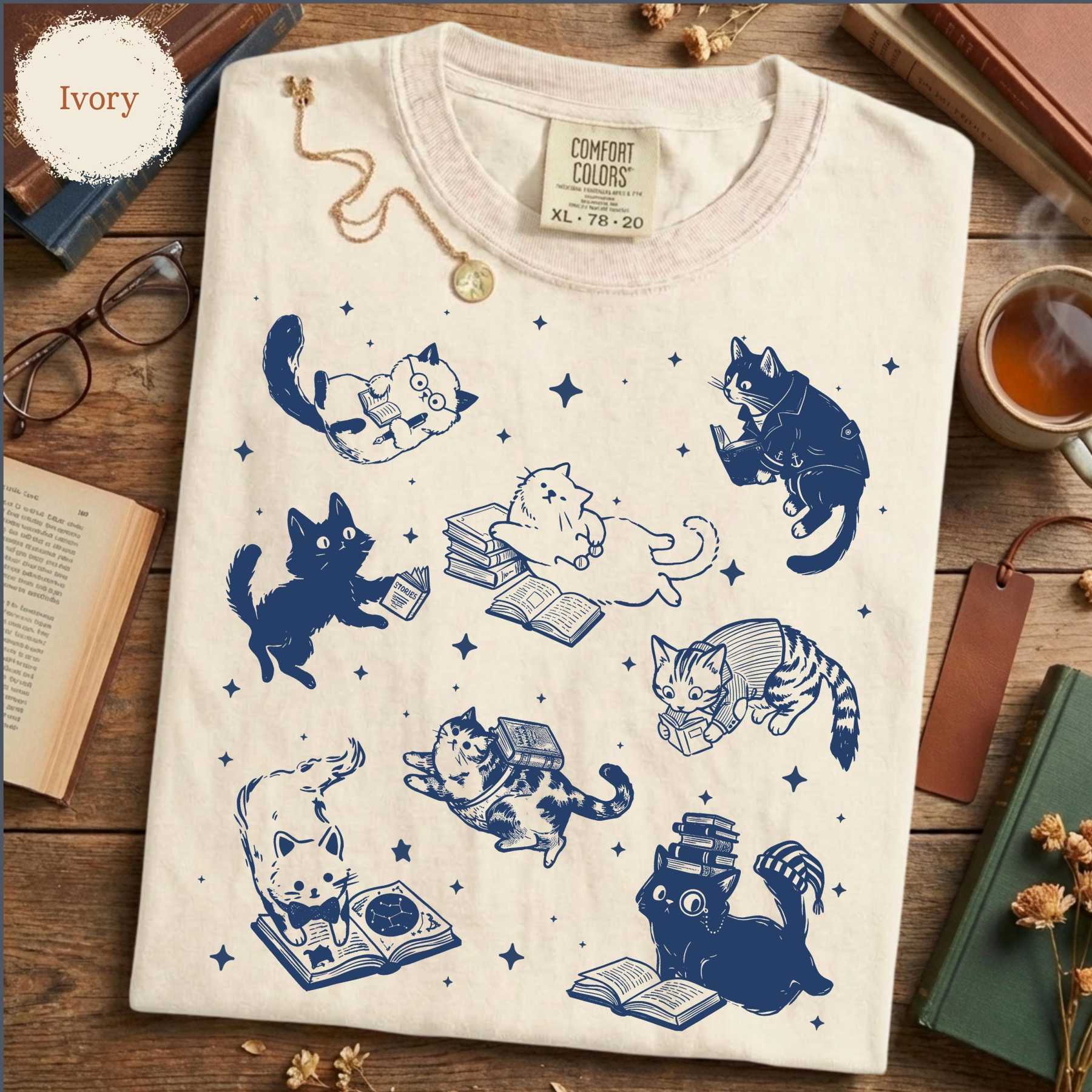 Cute Cat Book Lover Washed T-Shirt