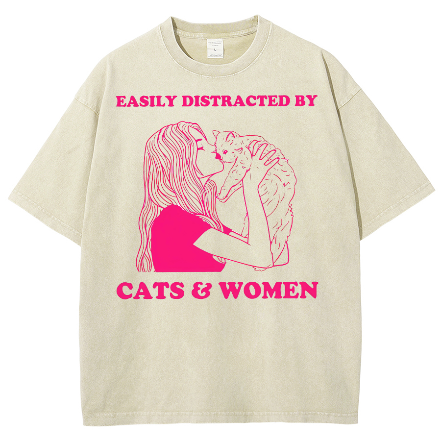 Easily Distracted By Cats & Women Unisex Fit Washed Oversized T-Shirt