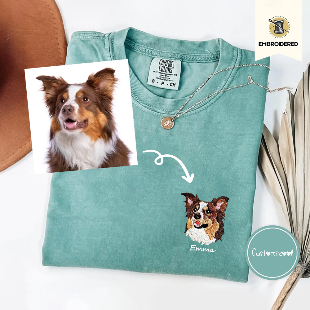 Addcustom Dog Face Name Embroidered Unisex Fit Washed T-Shirt