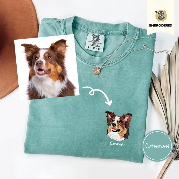 Addcustom Dog Face Name Embroidered Unisex Fit Washed T-Shirt