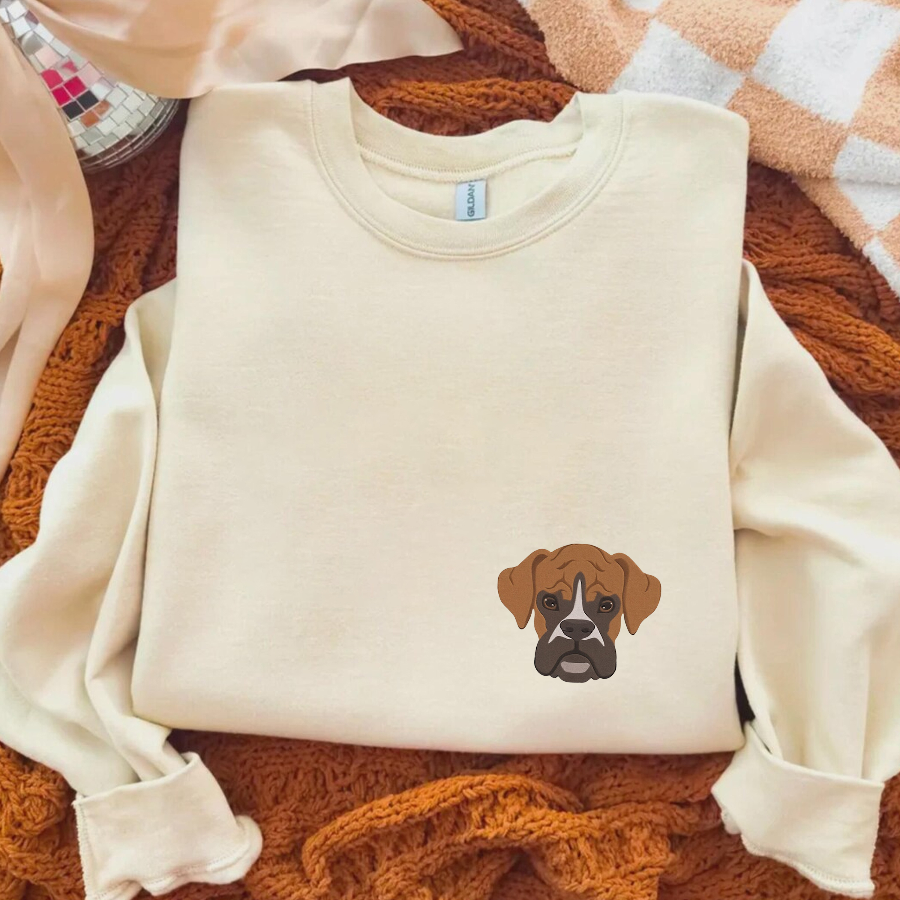 Boxer Pug Pomeranian Welsh Dog Face Embroidery Casual Crewneck Sweatshirt