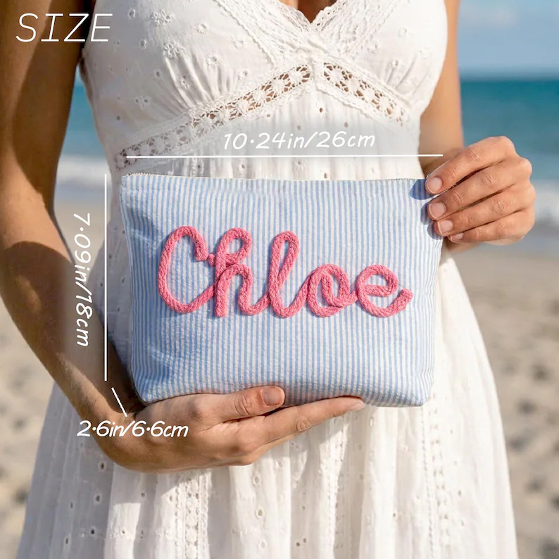 Custom Seersucker Makeup Bag Vacation Travel Pouch Personalized Chenille Name Toiletry Bag