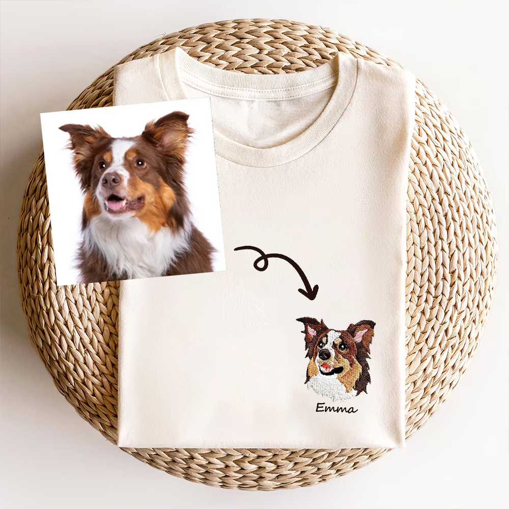Addcustom Dog Face Name Embroidered Unisex Fit Washed T-Shirt