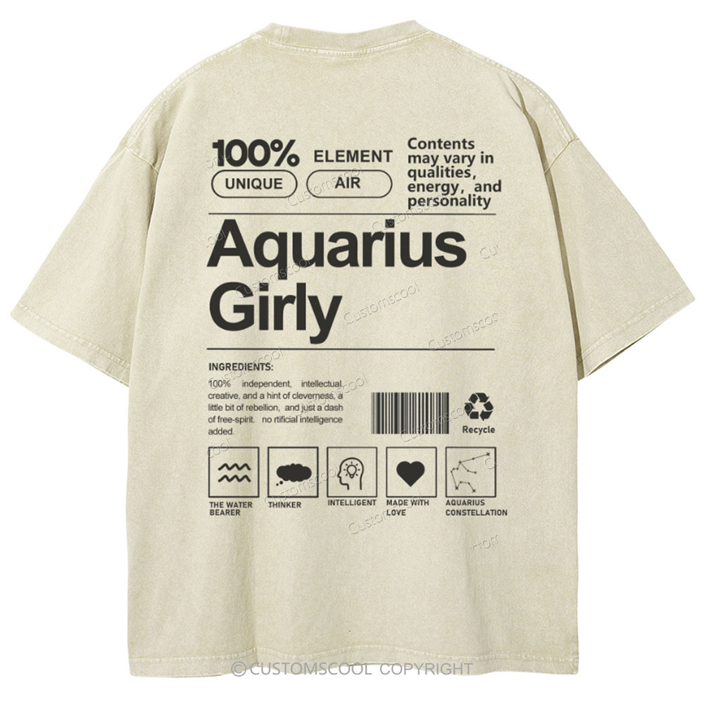 Aquarius Girly Unisex Fit Washed T-Shirt Customscool