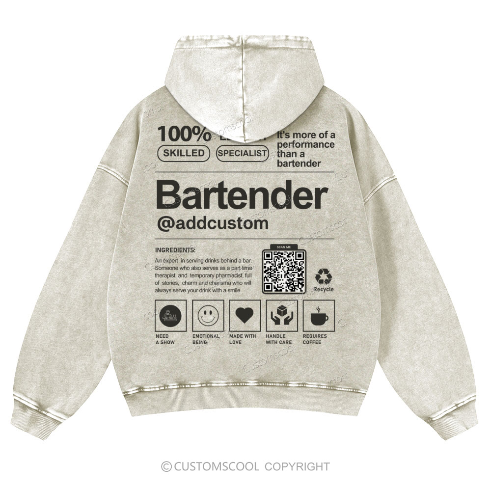 Bartender Addcustom QR Code Casual Washed Hoodie Customscool