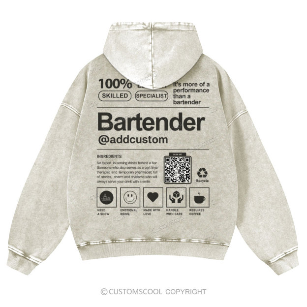 Bartender Addcustom QR Code Casual Washed Hoodie Customscool