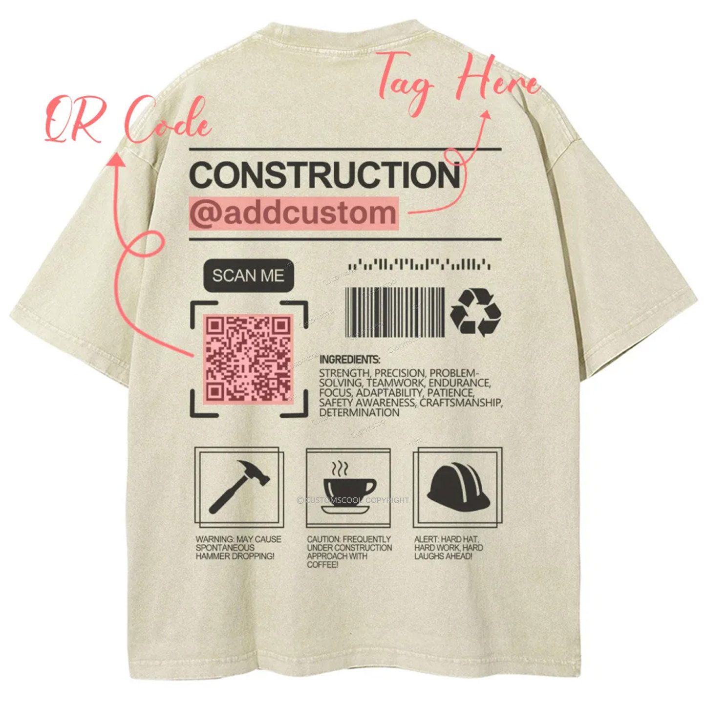 Construction Addcustom QR Code Name Unisex Fit Washed T-Shirt Customscool