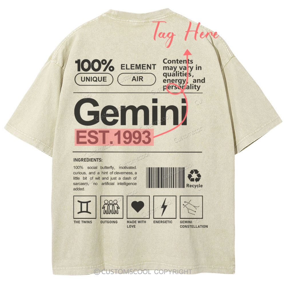 Gemini Addcustom Unisex Fit Washed T-Shirt Customscool